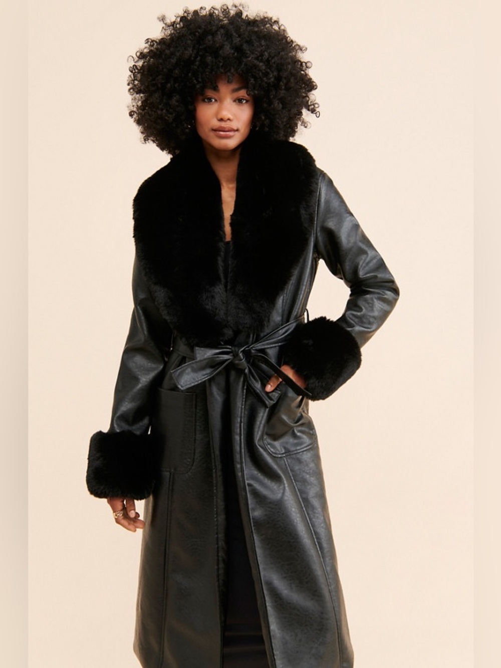 Hutch Mixed Media Coat - Black Faux Leather/Fur Trench